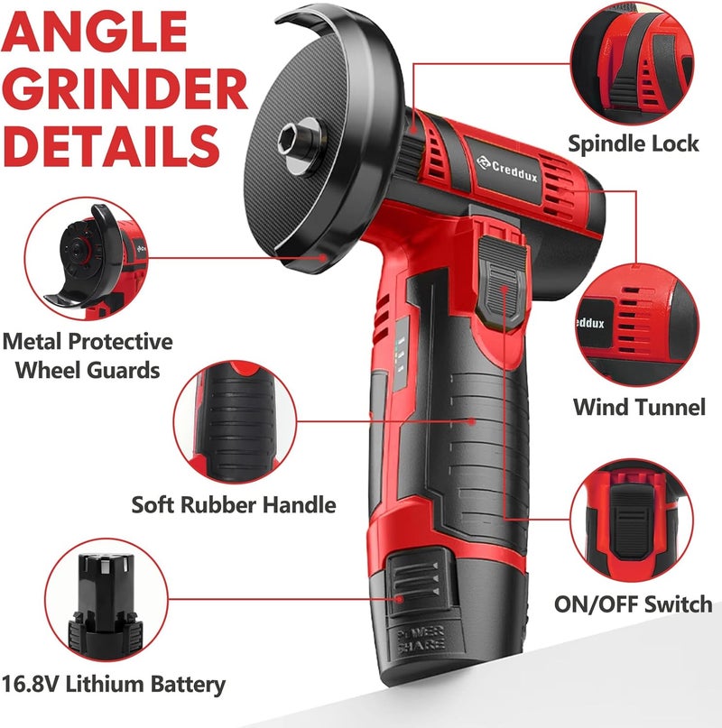 Creddux Cordless Angle Grinder, 3 Inch Mini Angle Grinder Tool With 2pcs 16.8V 2000mAh Batteries and 5 Grinding Wheel,19500rpm Metal Grinders for Cutting, Grinding and Polishing Red - Image 5